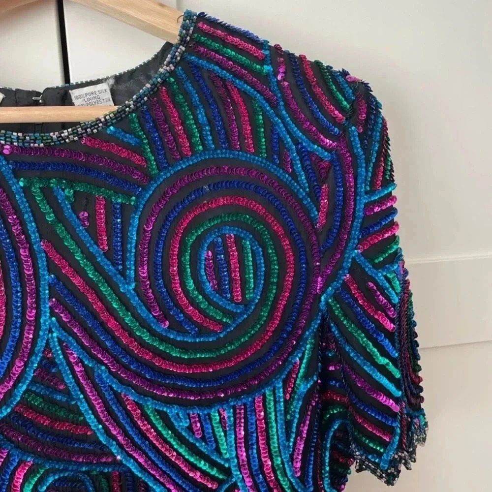 80’s Vintage Black With Colorful Sequins Silk Top Size M New Year’s Party Retro - Picture 4 of 12